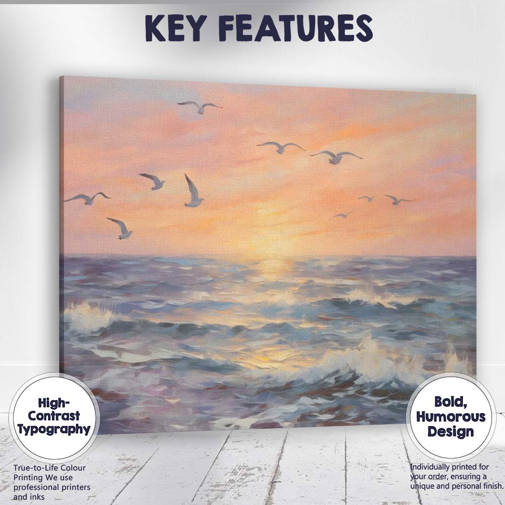 Pastel Ocean Sunset Seascape Flying Seagulls Canvas Wall Art Print Decor Picture Ready to Hang