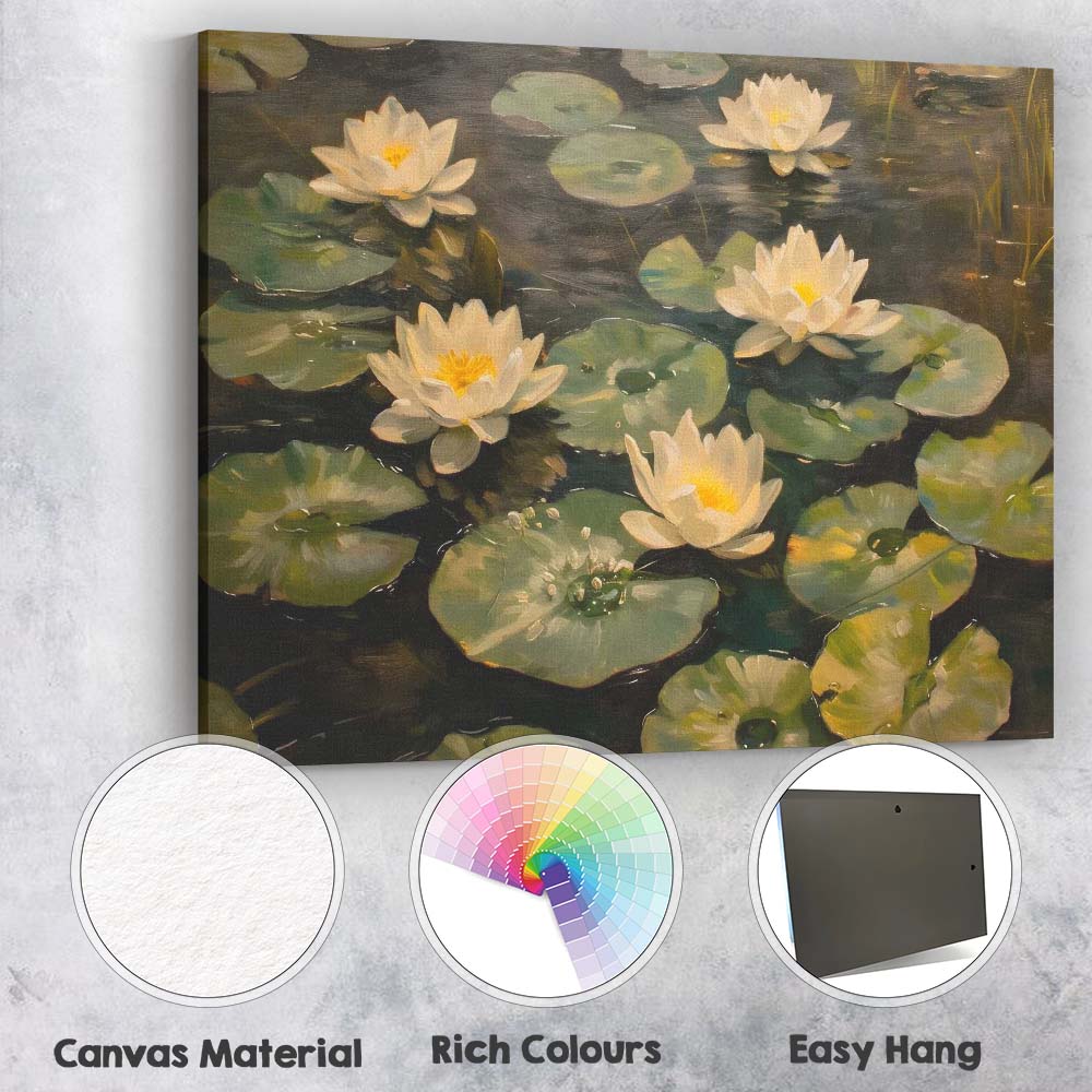 White Water Lily Pond Botanical Oil Painting Canvas Wall Art Print Decor Picture Ready to Hang