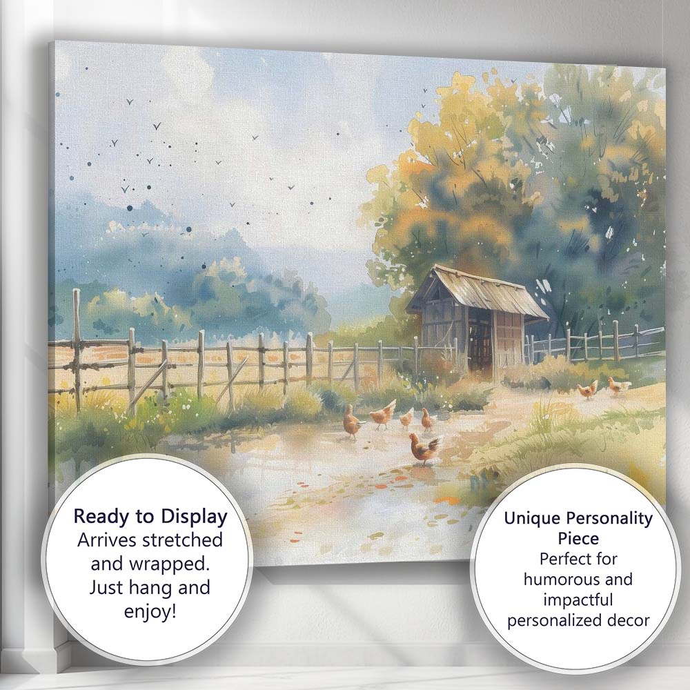 Sunlit Rustic Farmyard Chicken Coop Watercolour Landscape Canvas Wall Art Print Decor Picture Ready to Hang