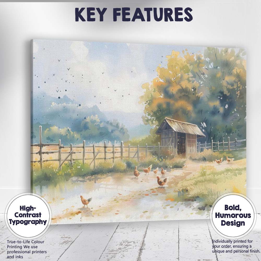 Sunlit Rustic Farmyard Chicken Coop Watercolour Landscape Canvas Wall Art Print Decor Picture Ready to Hang