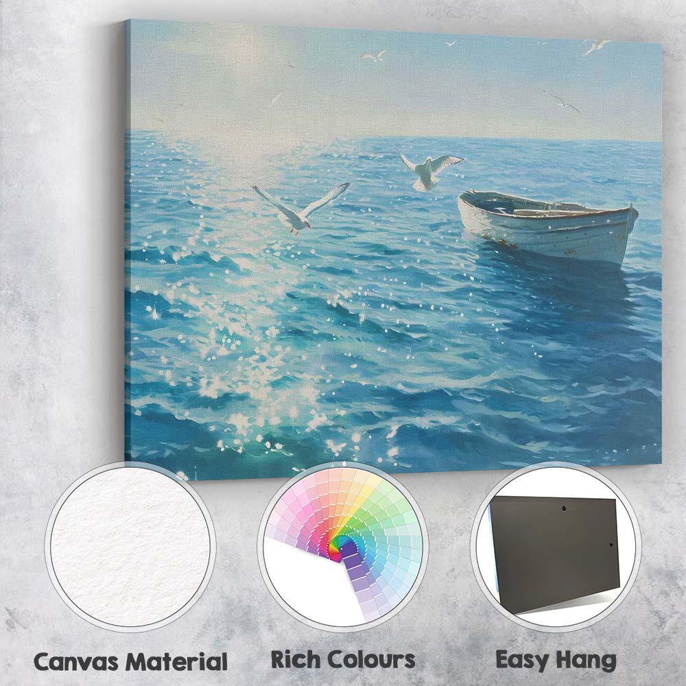 Peaceful Blue Ocean Rowboat Seagull Coastal Seascape Canvas Wall Art Print Decor Picture Ready to Hang