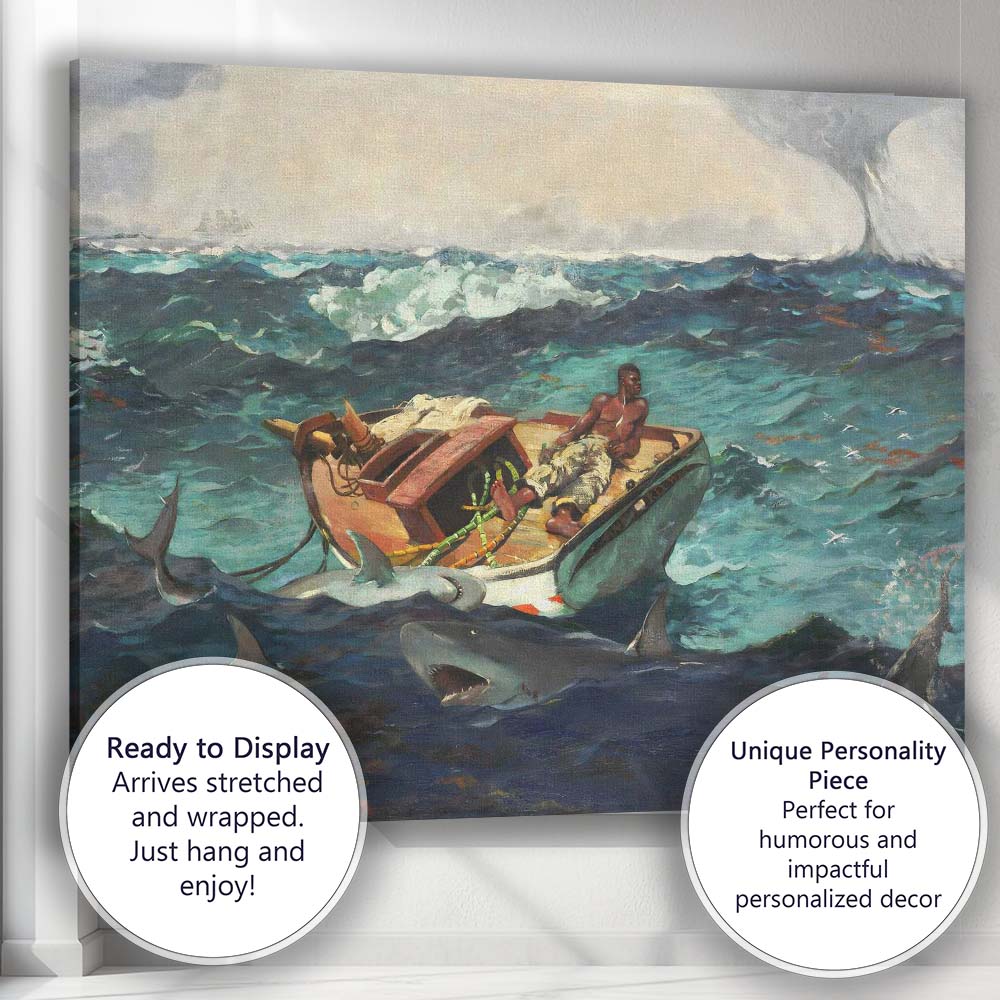 Dramatic Stormy Sea Sharks Fishing Boat Oil Painting Canvas Wall Art Print Decor Picture Ready to Hang