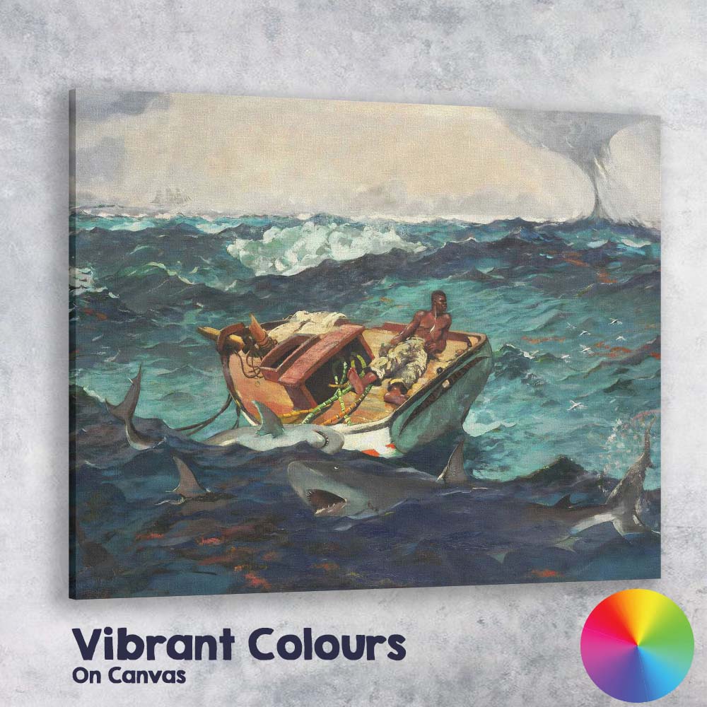 Dramatic Stormy Sea Sharks Fishing Boat Oil Painting Canvas Wall Art Print Decor Picture Ready to Hang