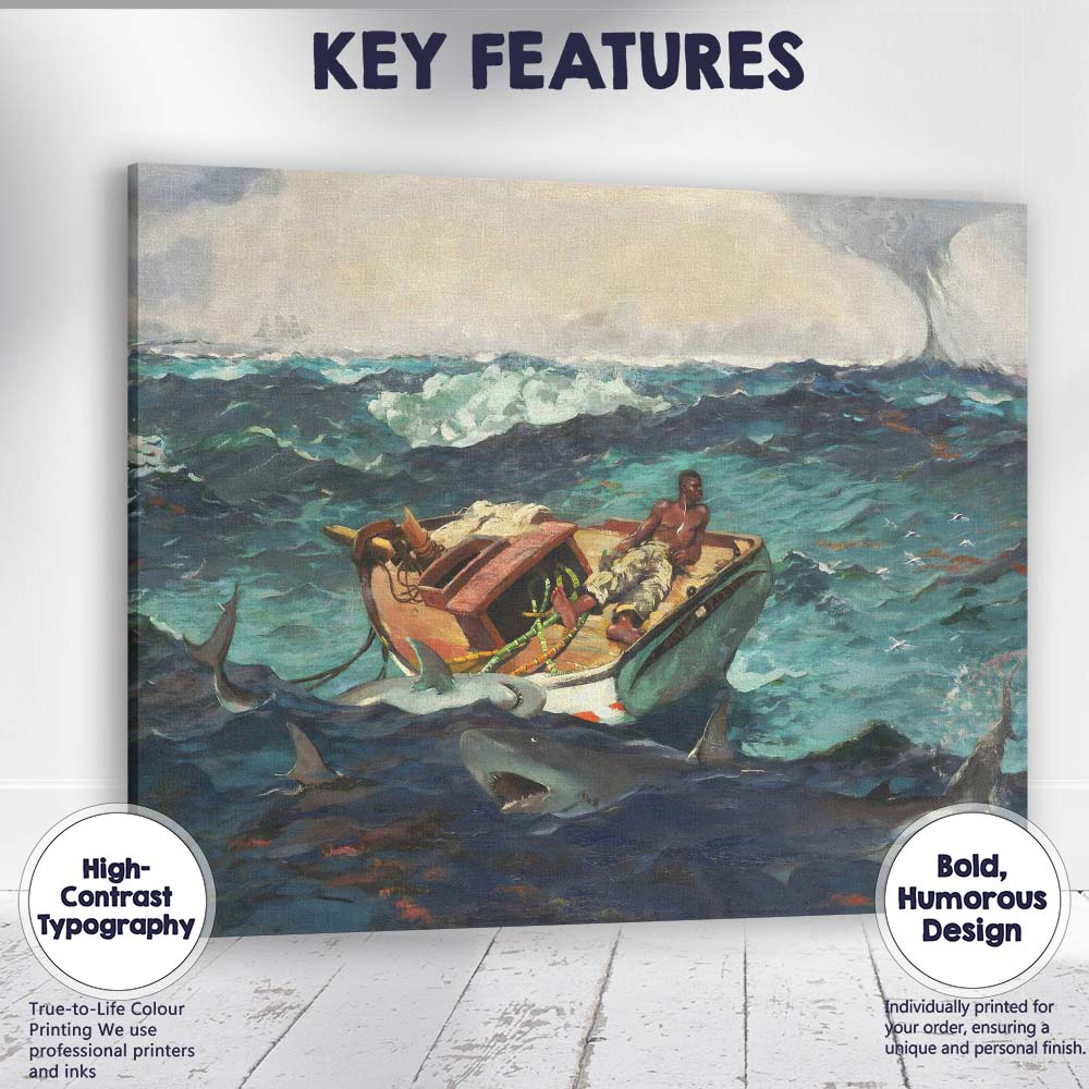 Dramatic Stormy Sea Sharks Fishing Boat Oil Painting Canvas Wall Art Print Decor Picture Ready to Hang