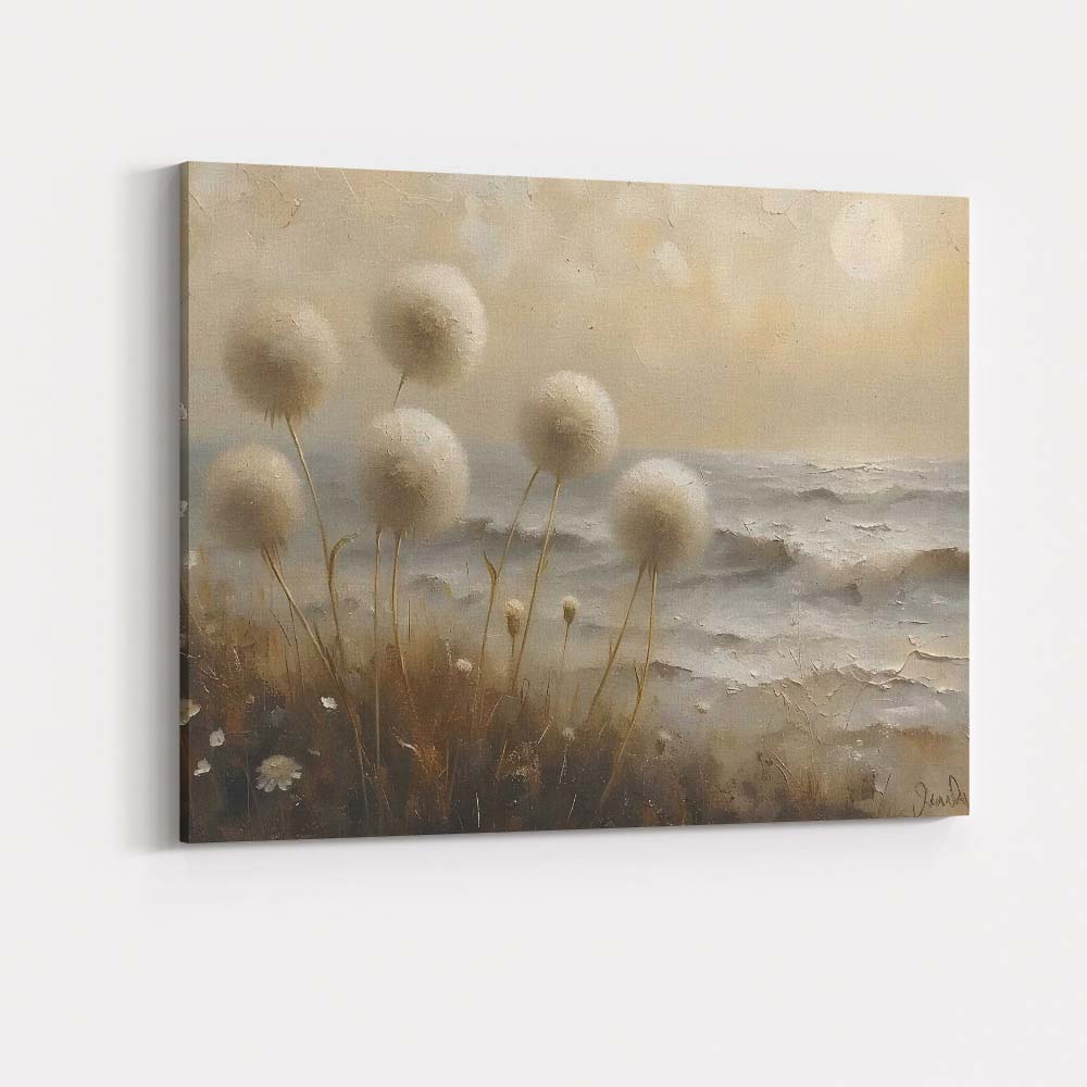 Soft Neutral Coastal Dandelion Seed Heads Textured Seascape Canvas Wall Art Print Decor Picture Ready to Hang
