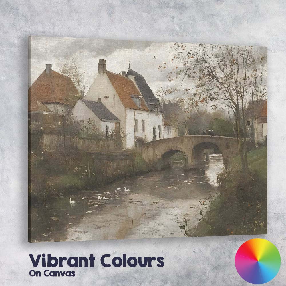 Traditional Village Stone Bridge Riverside Landscape Canvas Wall Art Print Decor Picture Ready to Hang