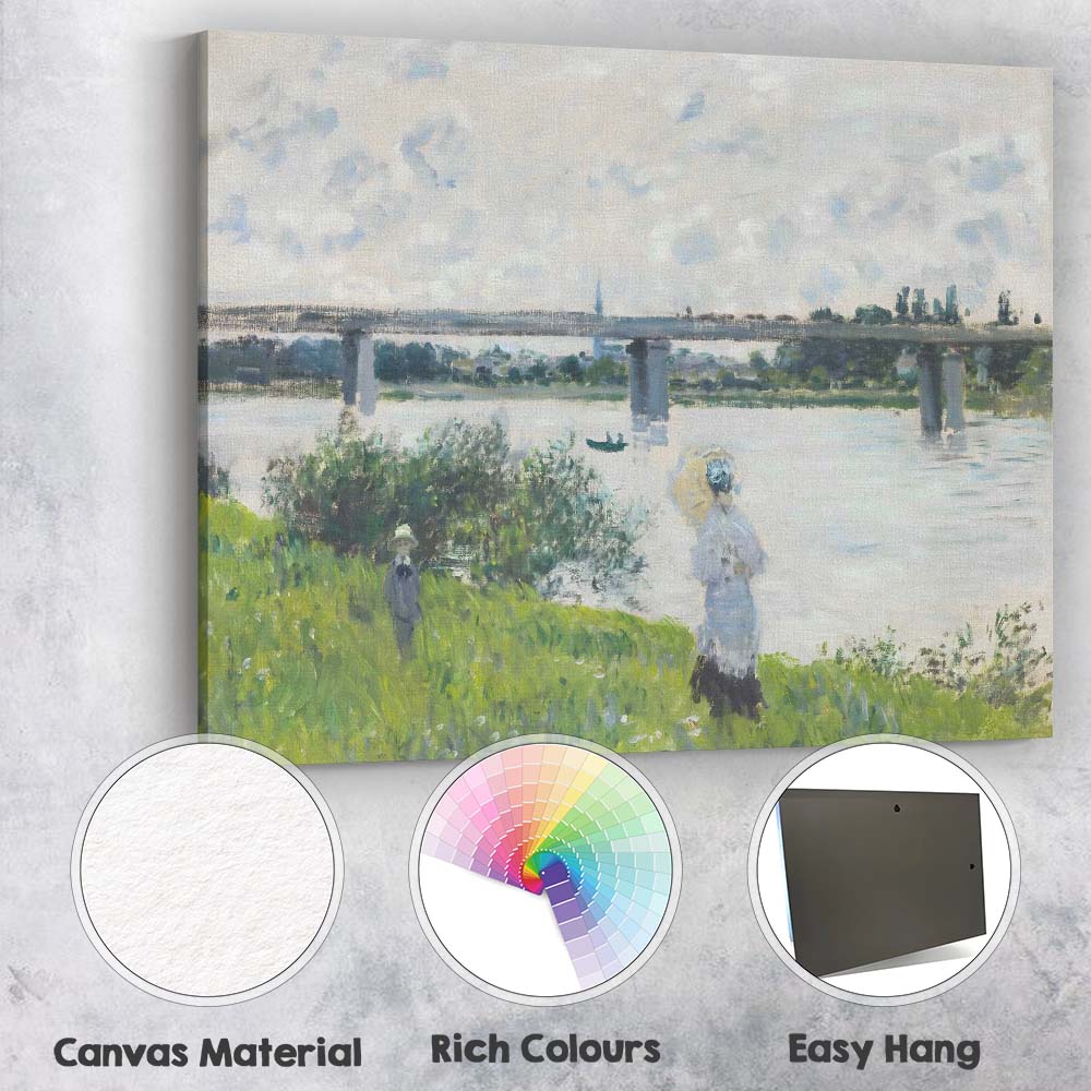 Impressionist Riverside Bridge Summer Landscape with Figures Canvas Wall Art Print Decor Picture Ready to Hang