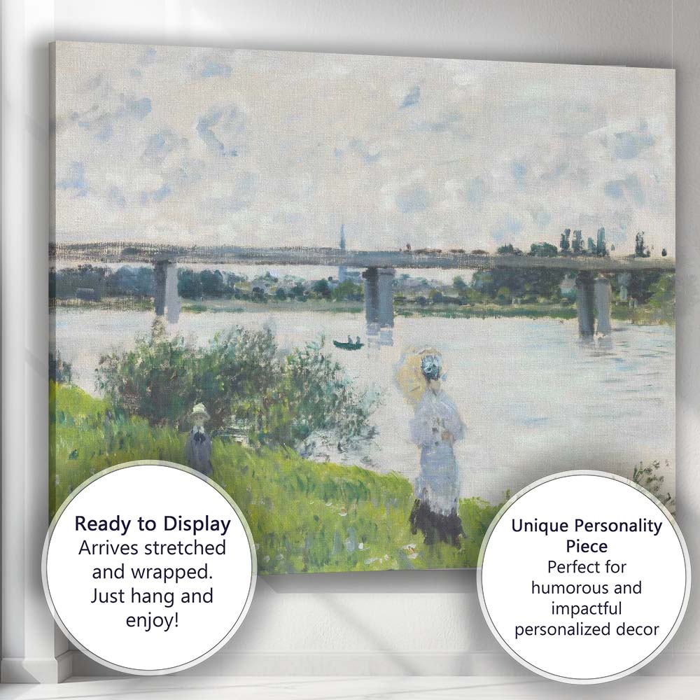 Impressionist Riverside Bridge Summer Landscape with Figures Canvas Wall Art Print Decor Picture Ready to Hang