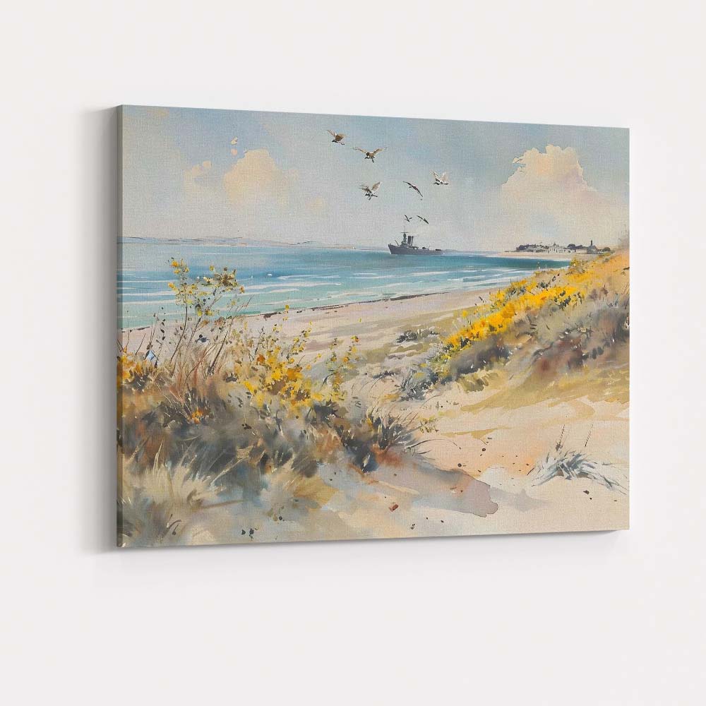 Coastal Wildflower Dunes Seaside Landscape with Flying Seabirds Canvas Wall Art Print Decor Picture Ready to Hang