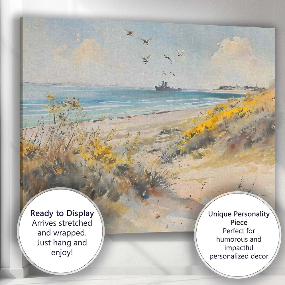 Coastal Wildflower Dunes Seaside Landscape with Flying Seabirds Canvas Wall Art Print Decor Picture Ready to Hang