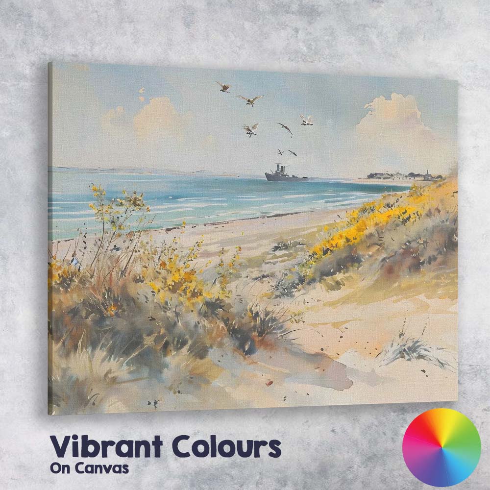 Coastal Wildflower Dunes Seaside Landscape with Flying Seabirds Canvas Wall Art Print Decor Picture Ready to Hang
