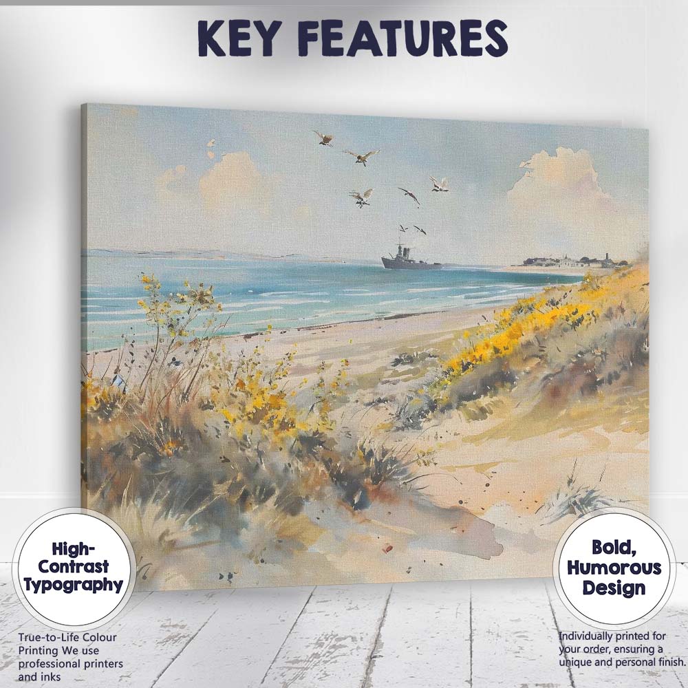 Coastal Wildflower Dunes Seaside Landscape with Flying Seabirds Canvas Wall Art Print Decor Picture Ready to Hang