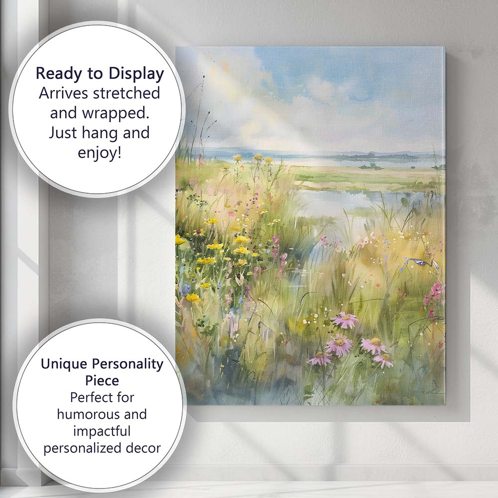 Watercolour Wildflower Meadow Lakeside Countryside Landscape Canvas Wall Art Print Decor Picture Ready to Hang