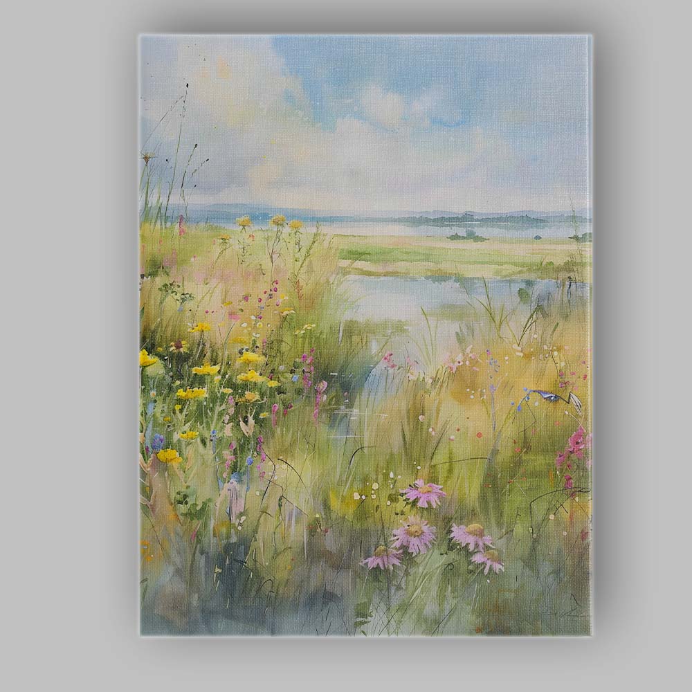 Watercolour Wildflower Meadow Lakeside Countryside Landscape Canvas Wall Art Print Decor Picture Ready to Hang