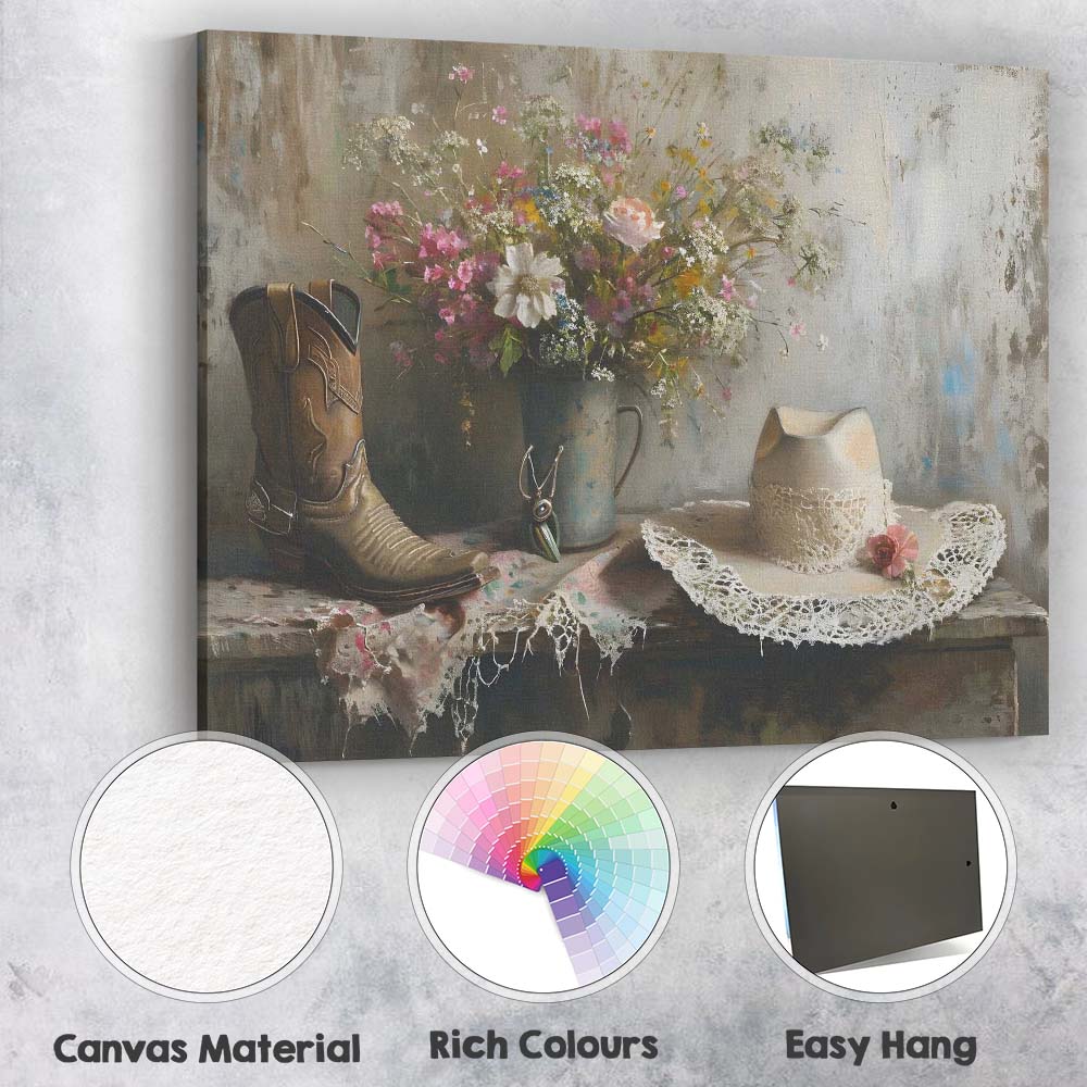 Rustic Country Floral Still Life with Cowboy Boot and Hat Canvas Wall Art Print Decor Picture Ready to Hang