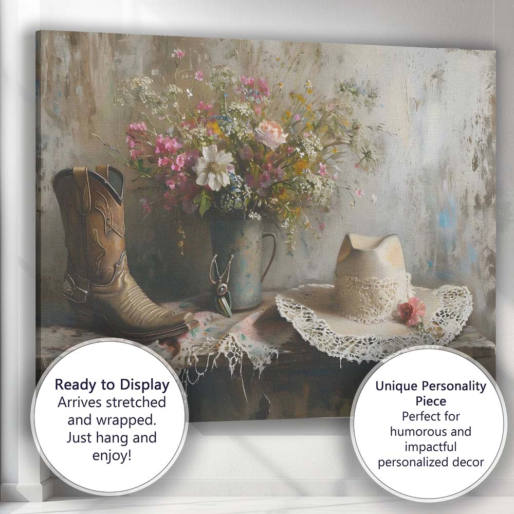 Rustic Country Floral Still Life with Cowboy Boot and Hat Canvas Wall Art Print Decor Picture Ready to Hang