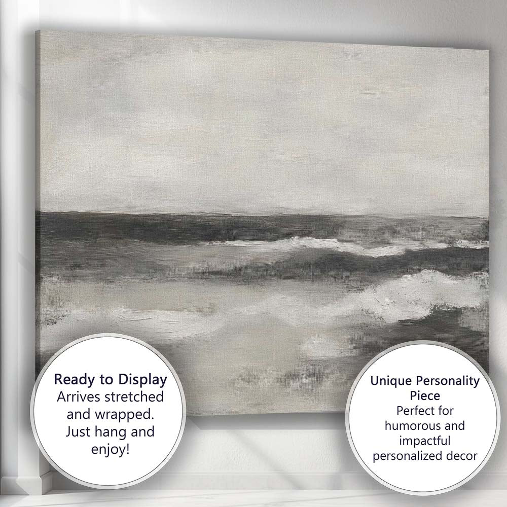 Monochrome Coastal Waves Minimalist Seascape Painting Canvas Wall Art Print Decor Picture Ready to Hang