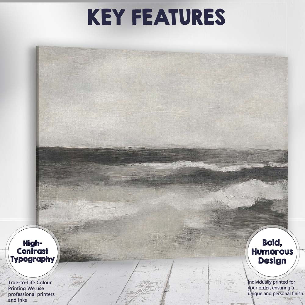 Monochrome Coastal Waves Minimalist Seascape Painting Canvas Wall Art Print Decor Picture Ready to Hang