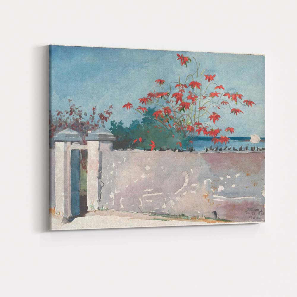 Watercolour Tropical Garden White Wall Red Flowers Seascape Canvas Wall Art Print Decor Picture Ready to Hang