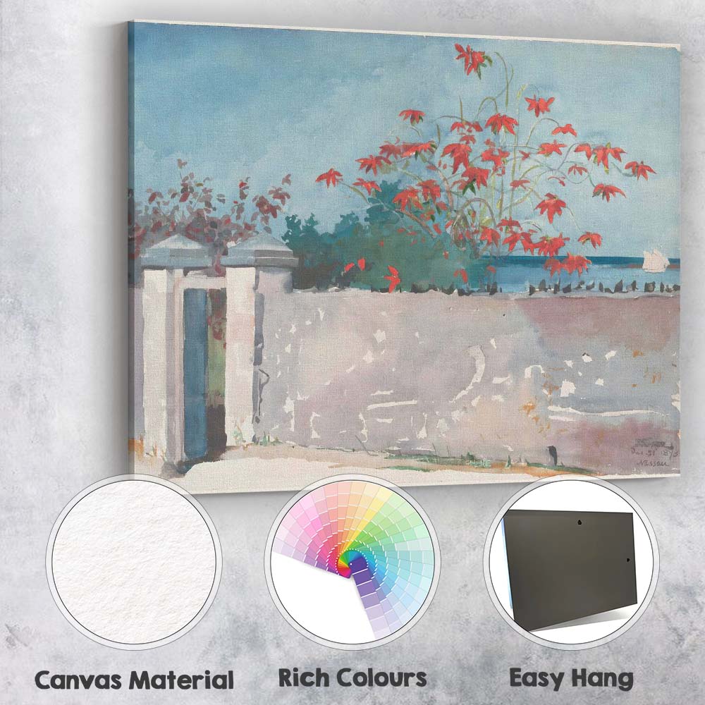 Watercolour Tropical Garden White Wall Red Flowers Seascape Canvas Wall Art Print Decor Picture Ready to Hang