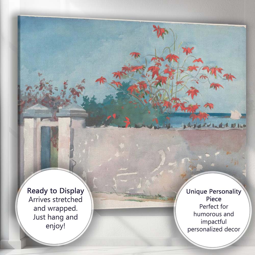 Watercolour Tropical Garden White Wall Red Flowers Seascape Canvas Wall Art Print Decor Picture Ready to Hang