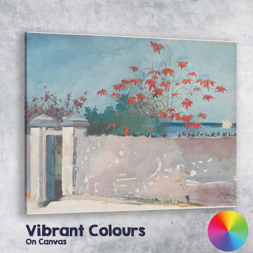 Watercolour Tropical Garden White Wall Red Flowers Seascape Canvas Wall Art Print Decor Picture Ready to Hang