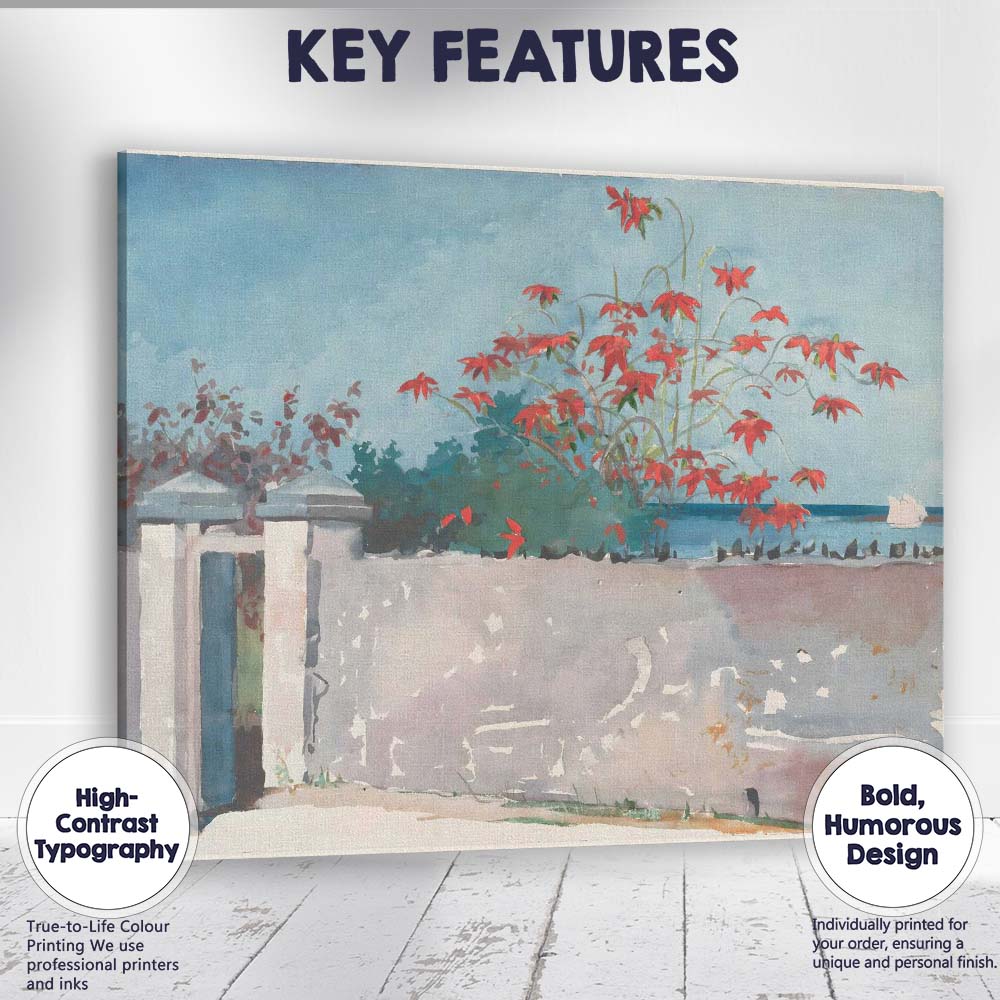 Watercolour Tropical Garden White Wall Red Flowers Seascape Canvas Wall Art Print Decor Picture Ready to Hang