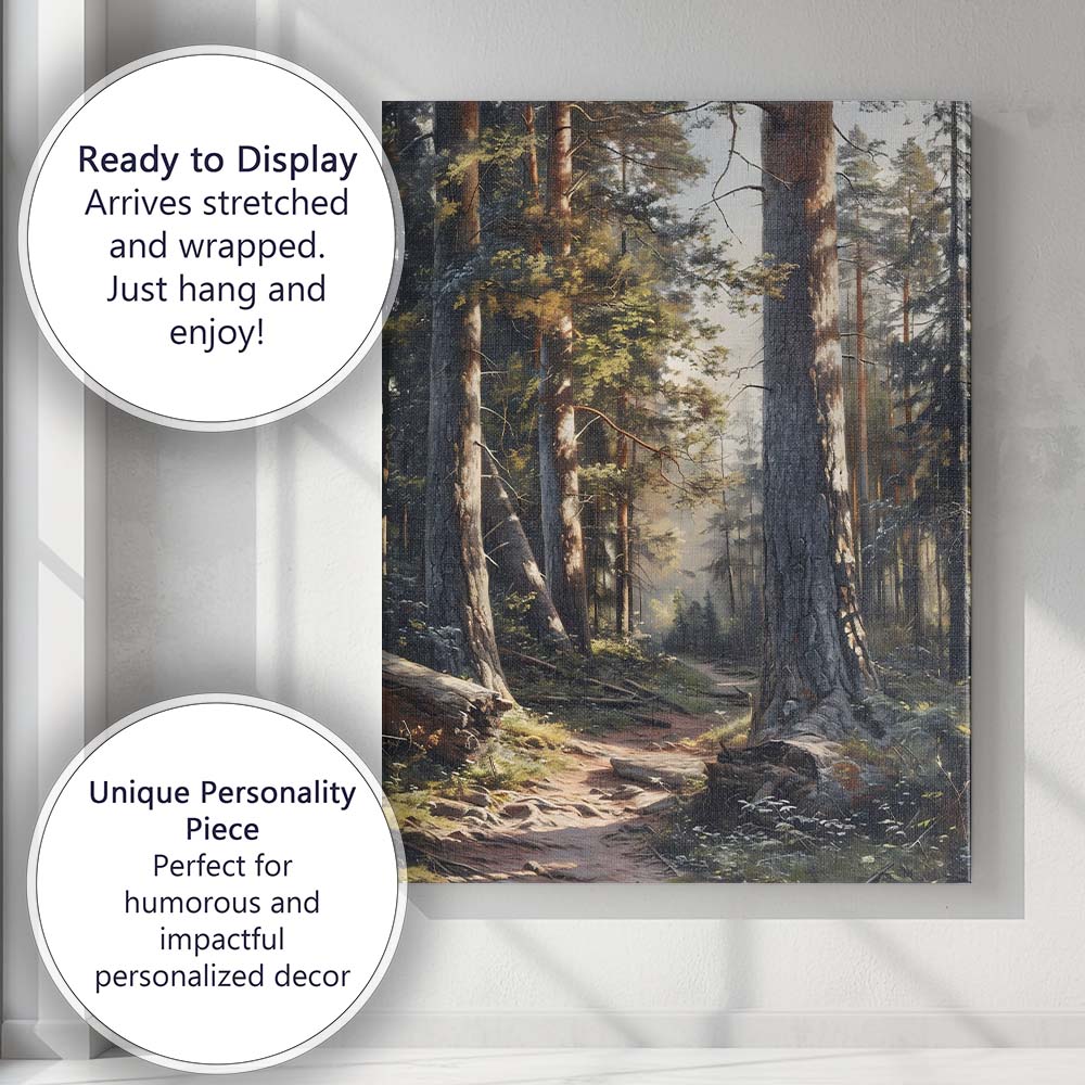 Sunlit Woodland Forest Path Tall Pine Trees Landscape Canvas Wall Art Print Decor Picture Ready to Hang