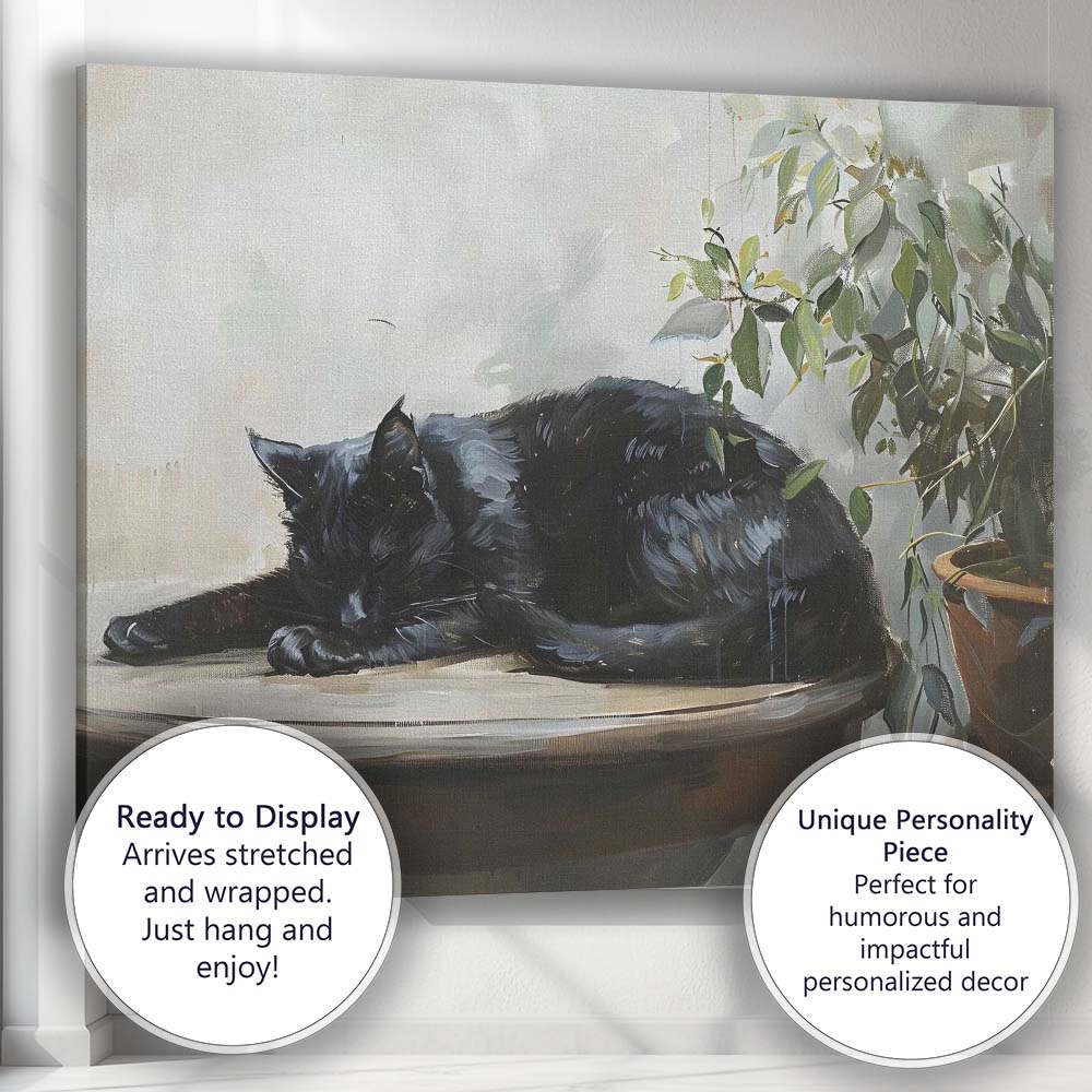 Sleeping Black Cat Botanical Houseplant Contemporary Animal Canvas Wall Art Print Decor Picture Ready to Hang