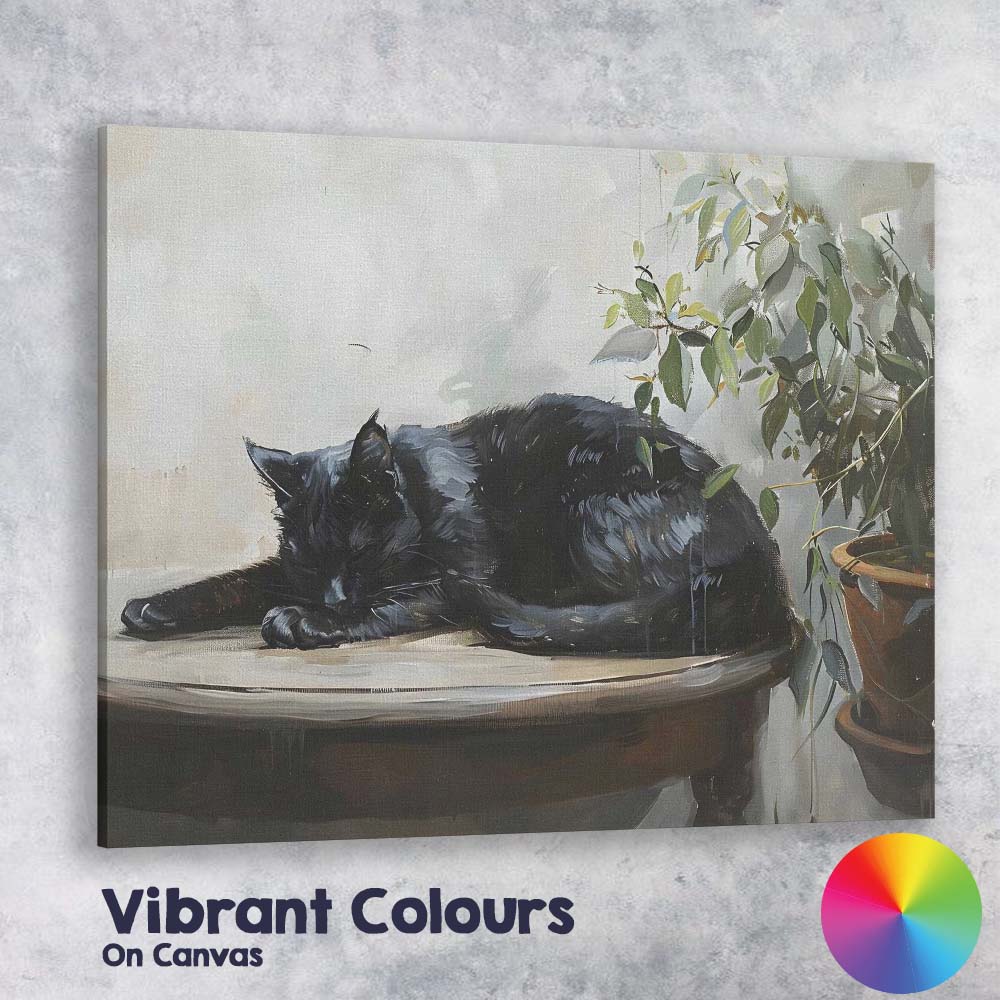 Sleeping Black Cat Botanical Houseplant Contemporary Animal Canvas Wall Art Print Decor Picture Ready to Hang