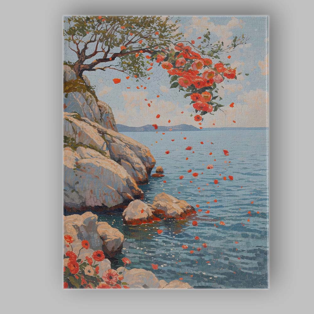 Mediterranean Coastal Poppy Blossom Cliff Seascape Mosaic Style Canvas Wall Art Print Decor Picture Ready to Hang