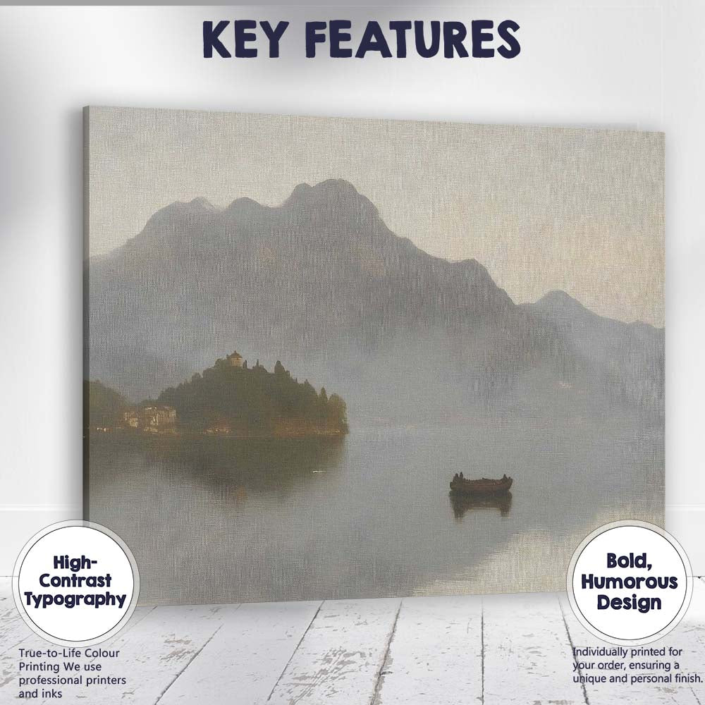 Misty Mountain Lake Island Boat Atmospheric Landscape Canvas Wall Art Print Decor Picture Ready to Hang