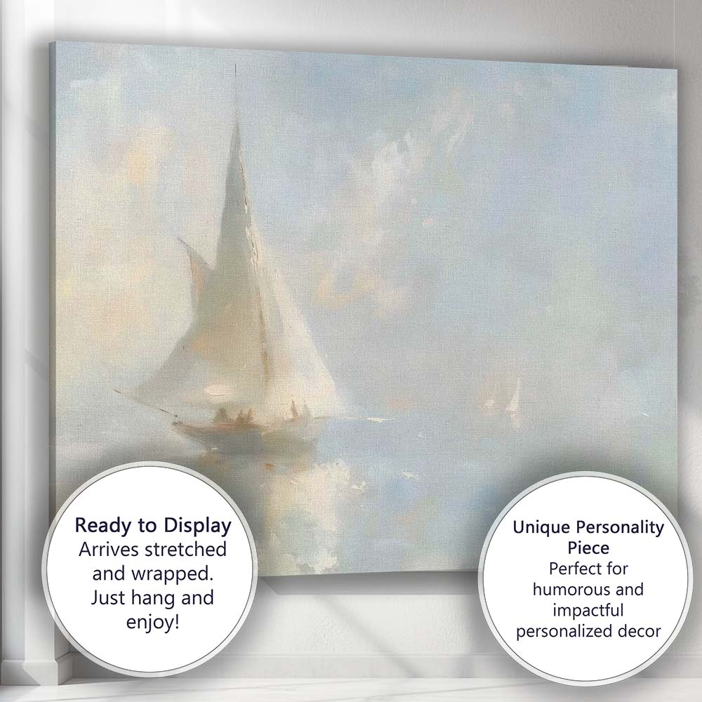 Minimalist Misty Sailboat Ocean Seascape Painting Canvas Wall Art Print Decor Picture Ready to Hang