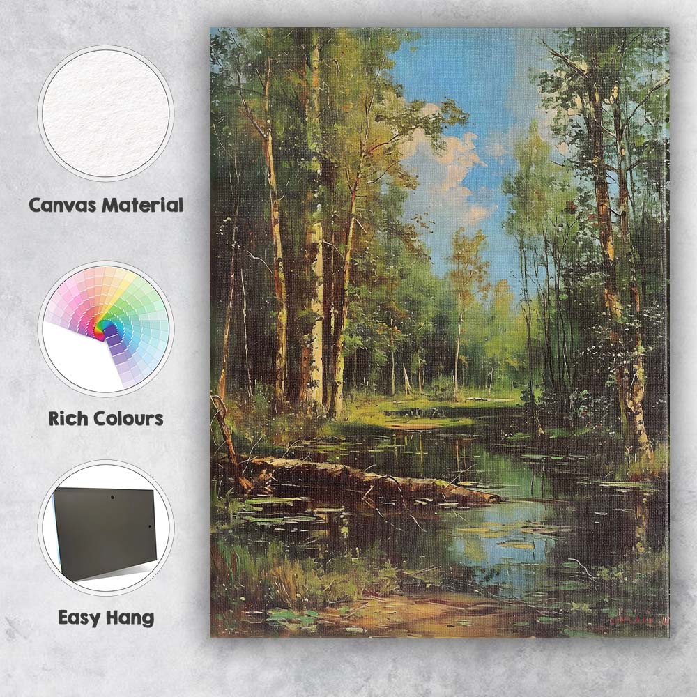 Sunlit Woodland Pond Forest Landscape Impressionist Nature Painting Canvas Wall Art Print Decor Picture Ready to Hang