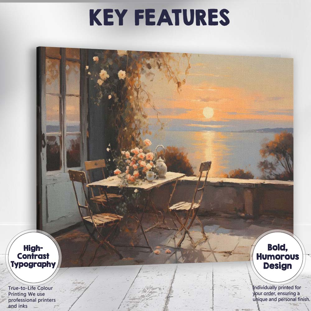 Romantic Sunset Terrace Ocean View Floral Cafe Painting Canvas Wall Art Print Decor Picture Ready to Hang
