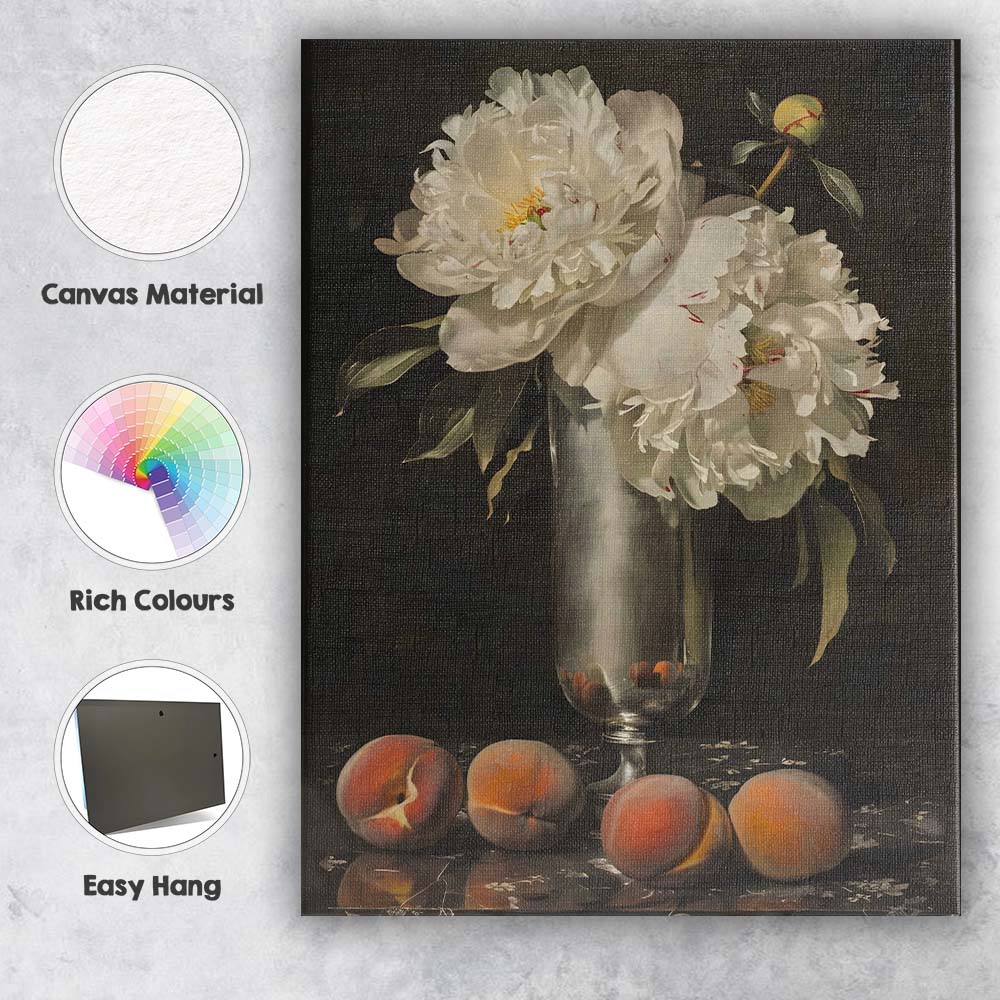 Elegant White Peony Bouquet Glass Vase Still Life Canvas Wall Art Print Decor Picture Ready to Hang