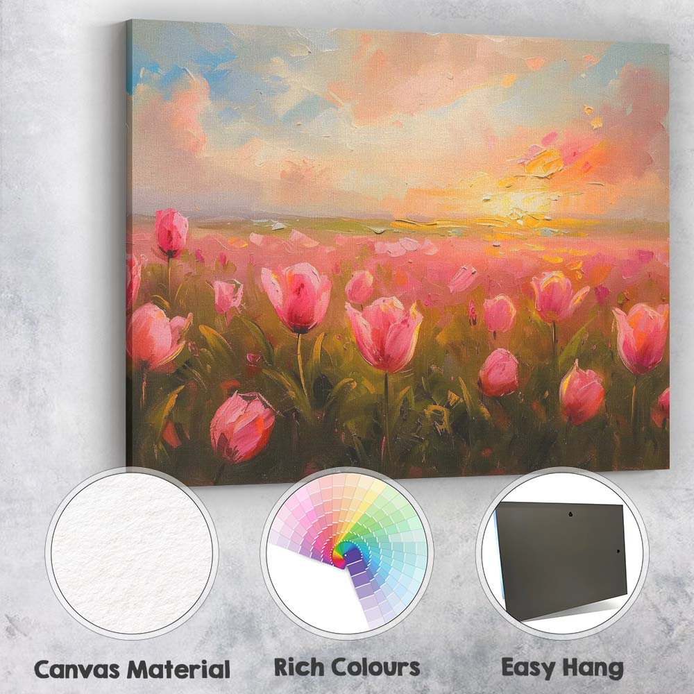Pink Tulip Field Golden Sunrise Floral Landscape Canvas Wall Art Print Decor Picture Ready to Hang