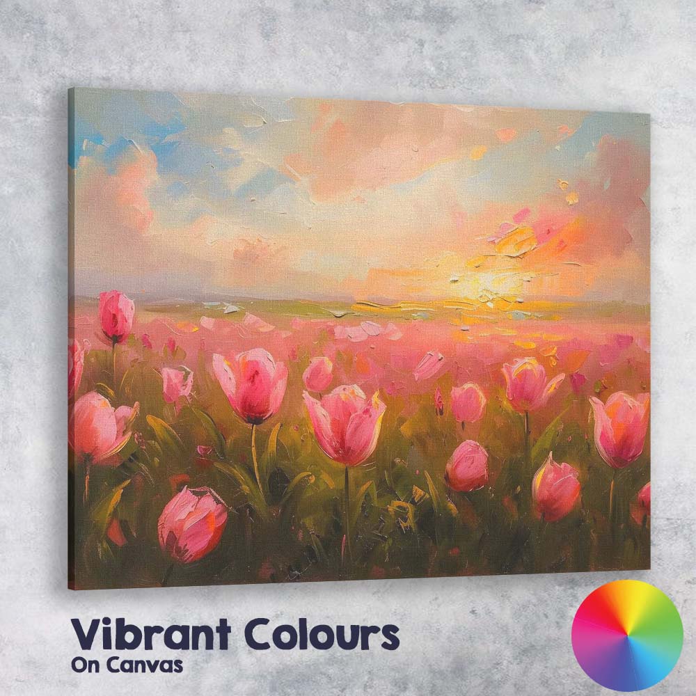 Pink Tulip Field Golden Sunrise Floral Landscape Canvas Wall Art Print Decor Picture Ready to Hang