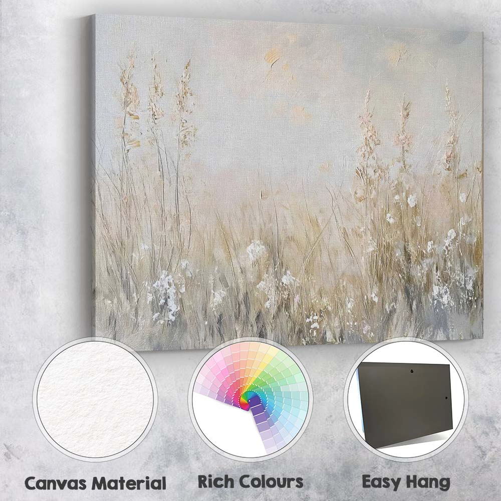 Soft Neutral Wildflower Meadow Textured Impressionist Landscape Canvas Wall Art Print Decor Picture Ready to Hang