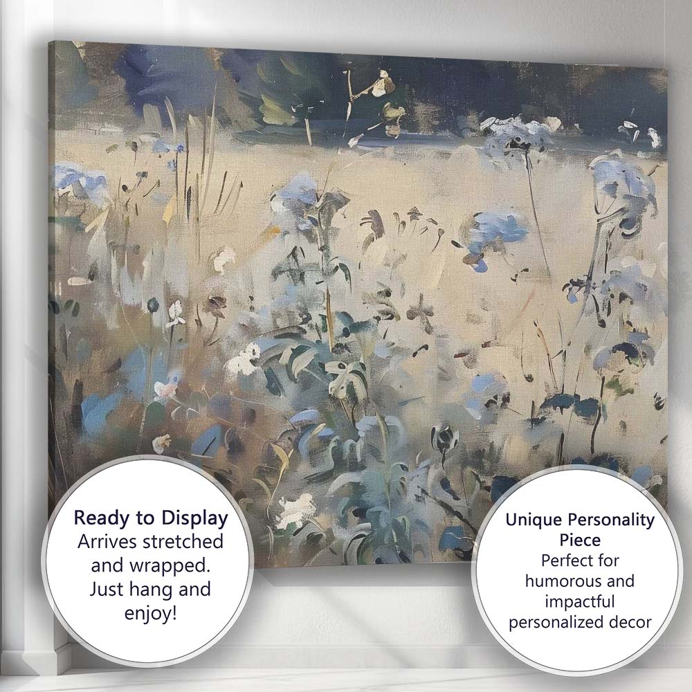 Abstract Blue Wildflower Garden Expressive Floral Painting Canvas Wall Art Print Decor Picture Ready to Hang