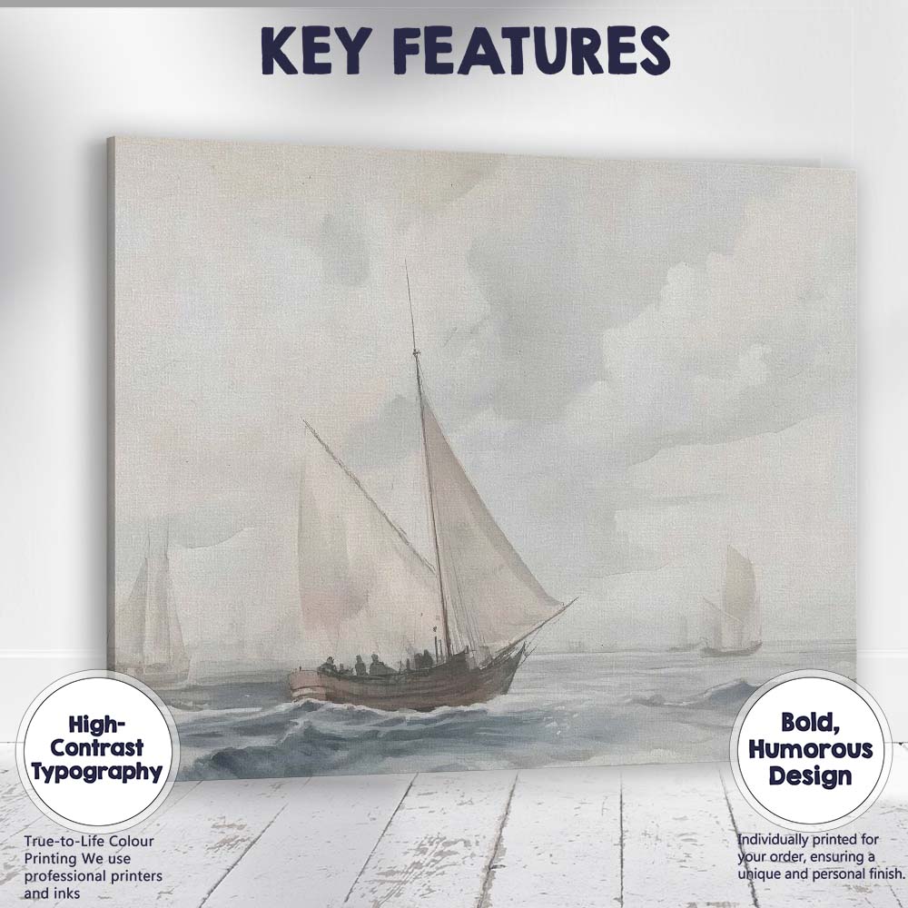 Classic Sailing Boats Grey Sea Maritime Painting Canvas Wall Art Print Decor Picture Ready to Hang