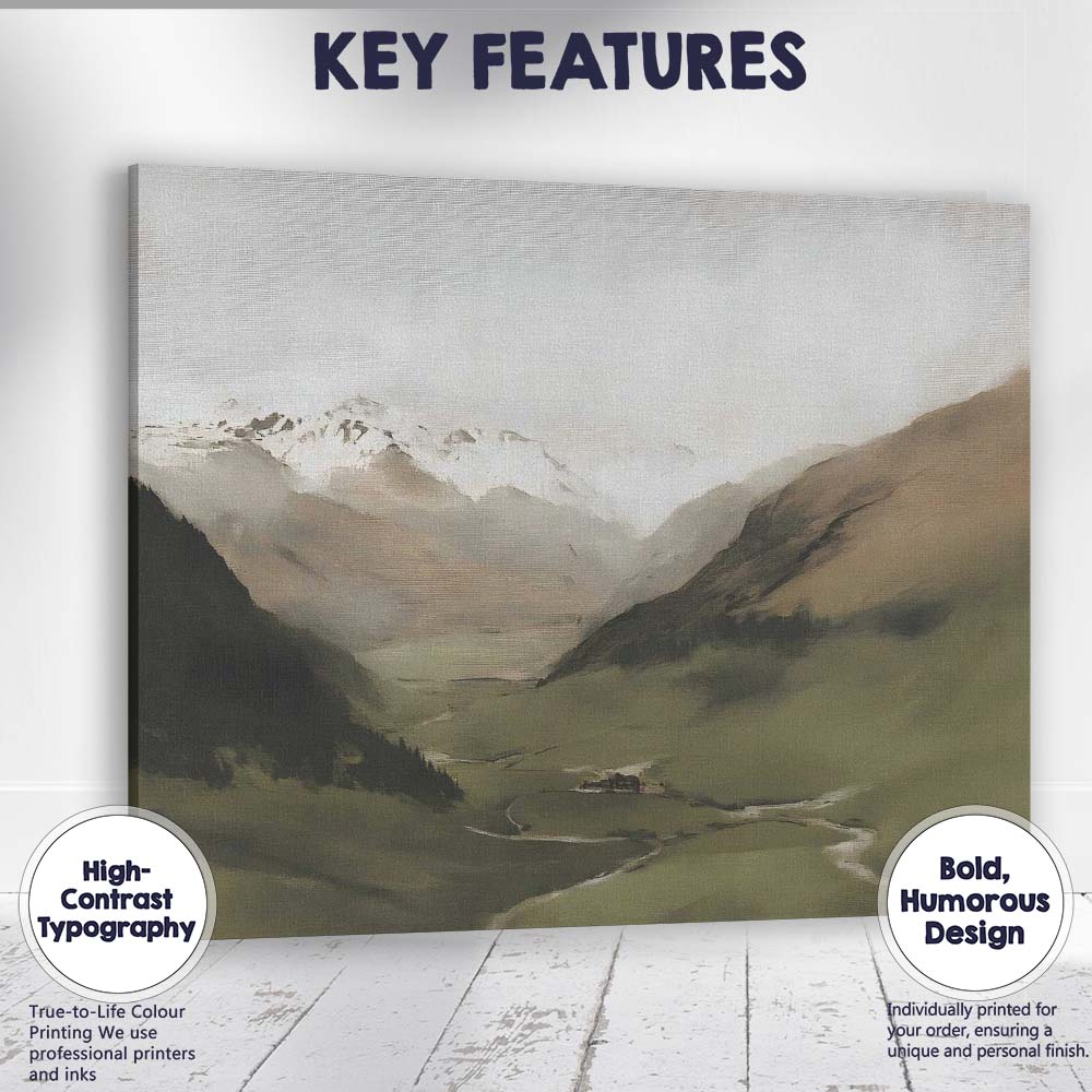 Minimalist Snow Capped Mountain Valley River Landscape Canvas Wall Art Print Decor Picture Ready to Hang