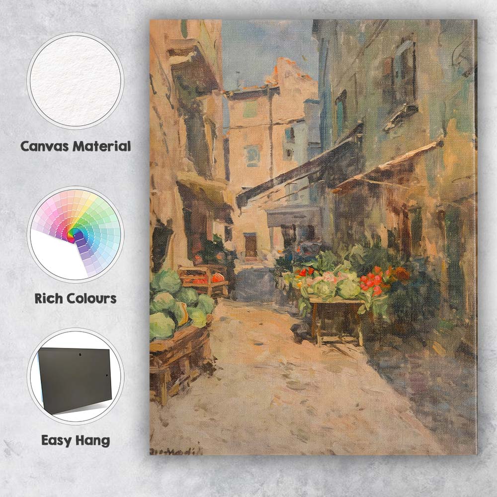 European Old Town Market Street Impressionist Cityscape Canvas Wall Art Print Decor Picture Ready to Hang
