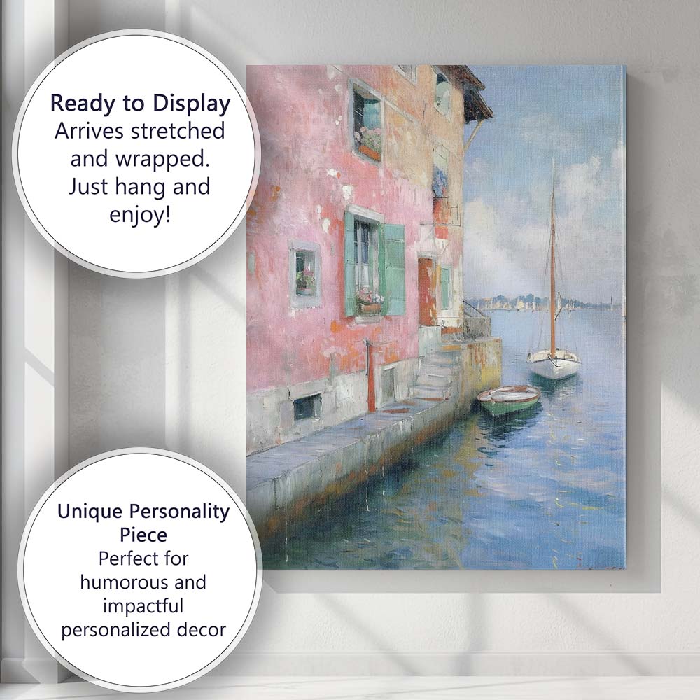 Pastel Venetian Canal Waterfront Sailboat Impressionist Canvas Wall Art Print Decor Picture Ready to Hang