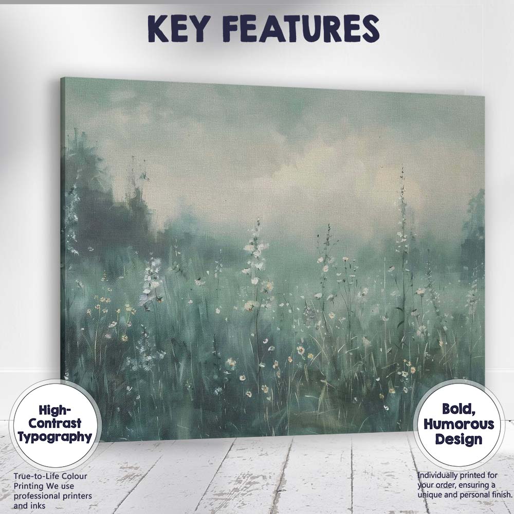 Misty Blue Wildflower Meadow Atmospheric Landscape Canvas Wall Art Print Decor Picture Ready to Hang