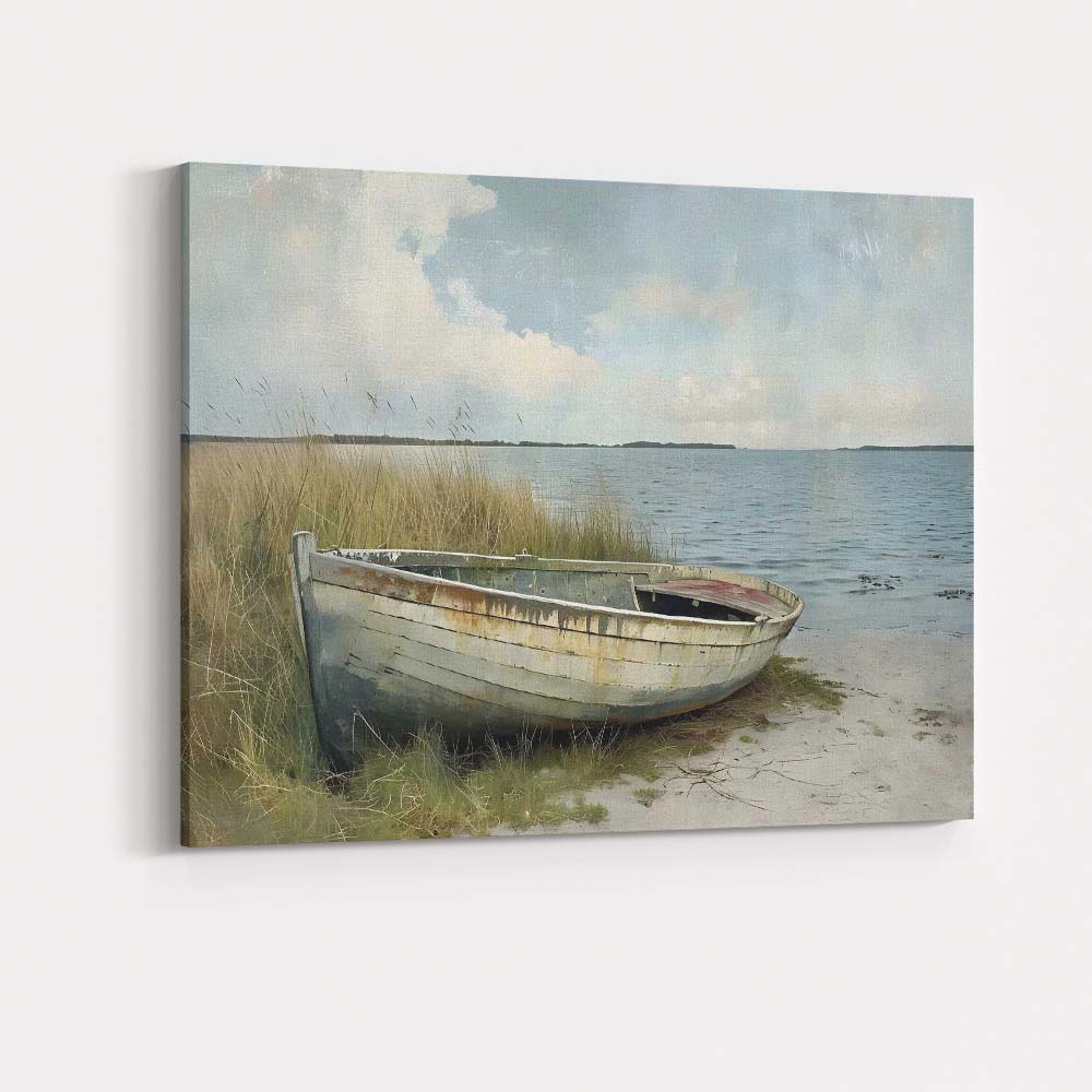 Rustic Weathered Fishing Boat Coastal Shore Landscape Canvas Wall Art Print Decor Picture Ready to Hang
