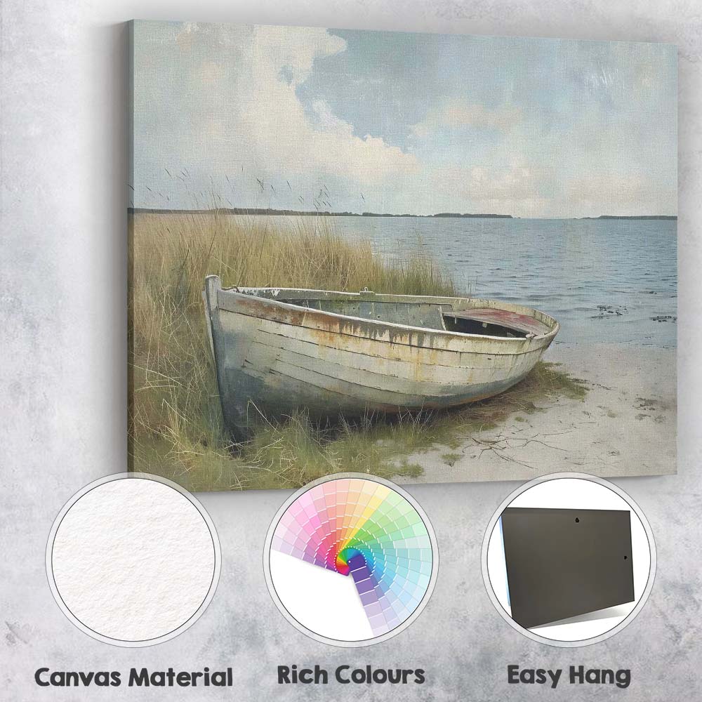 Rustic Weathered Fishing Boat Coastal Shore Landscape Canvas Wall Art Print Decor Picture Ready to Hang