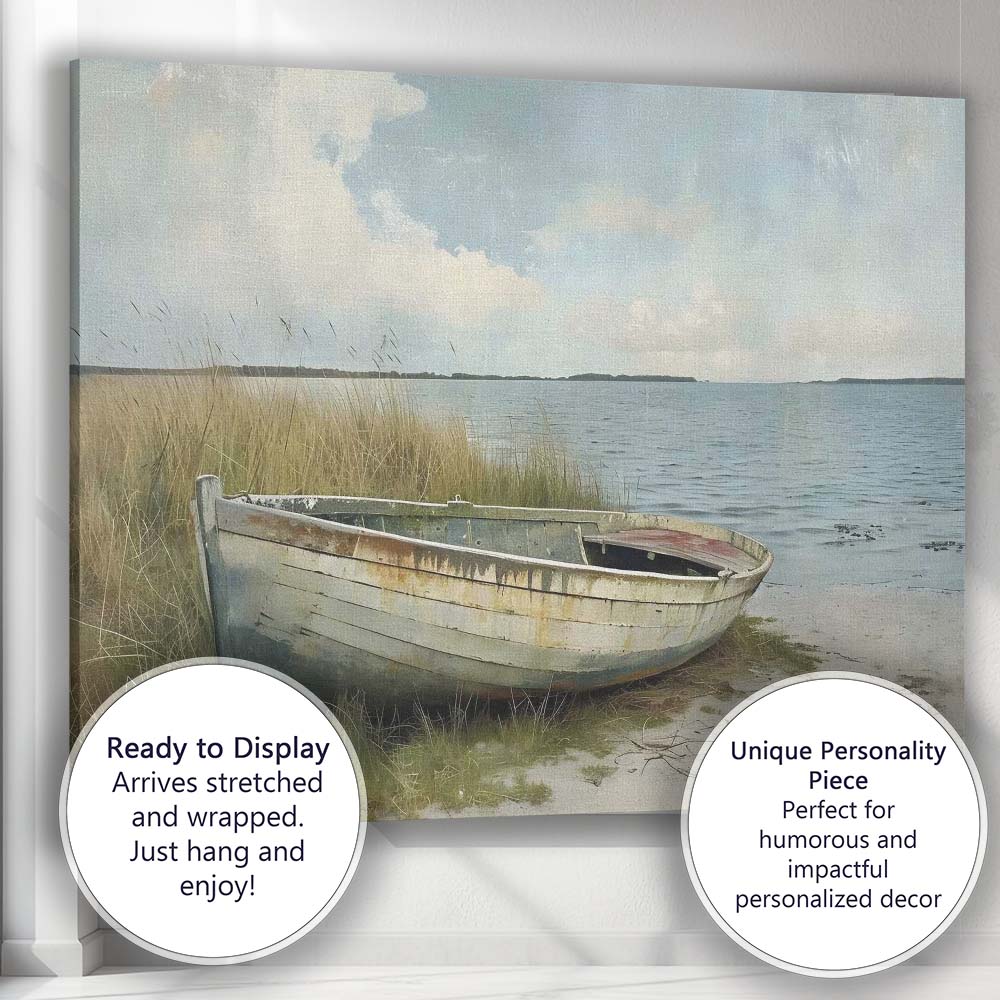 Rustic Weathered Fishing Boat Coastal Shore Landscape Canvas Wall Art Print Decor Picture Ready to Hang