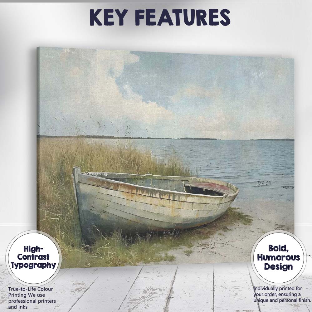 Rustic Weathered Fishing Boat Coastal Shore Landscape Canvas Wall Art Print Decor Picture Ready to Hang