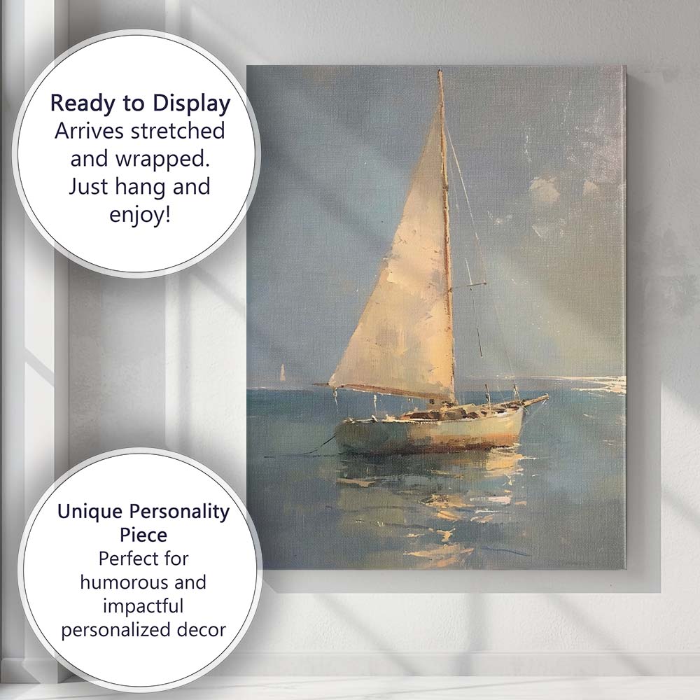 Elegant White Sailboat Calm Sea Coastal Painting Canvas Wall Art Print Decor Picture Ready to Hang